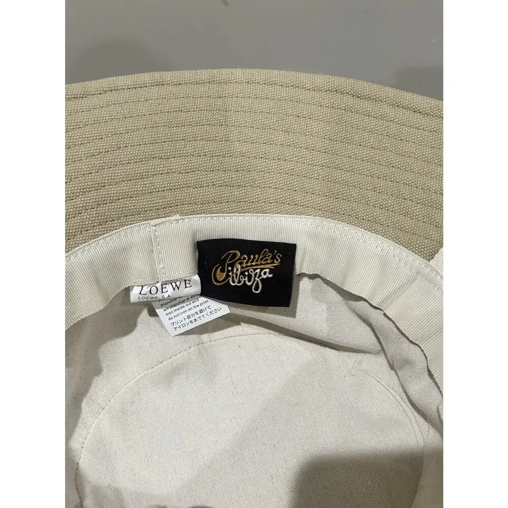LOEWE Paula’s Ibiza Canvas Bucket Hat Beige Leather Logo Patch Made Italy
